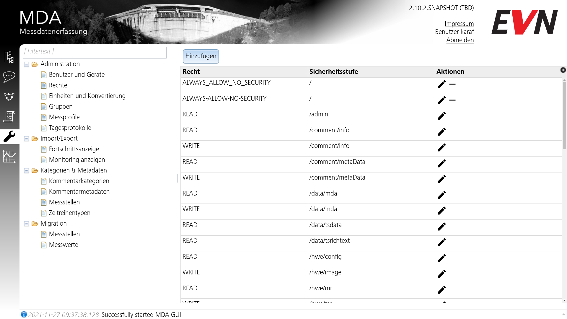 Benutzerrechts-Liste