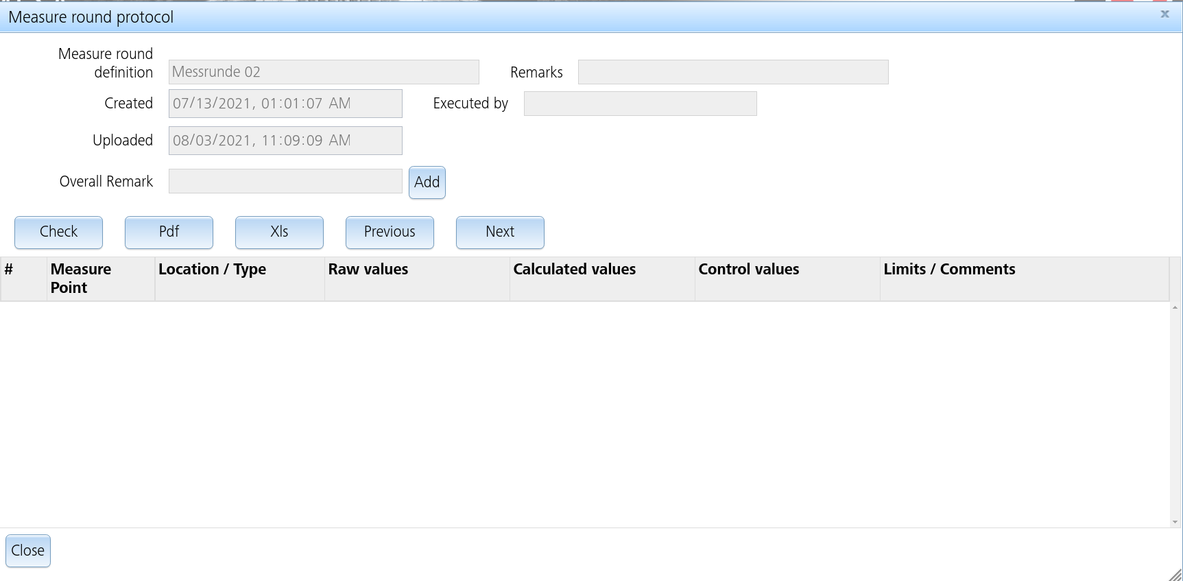 Measure round protocol dialog